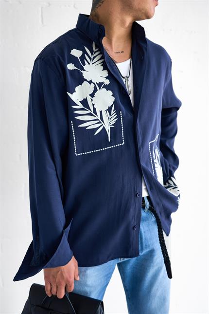 Erkek Dokulu Baskılı Oversize Rahat Gömlek Lacivert