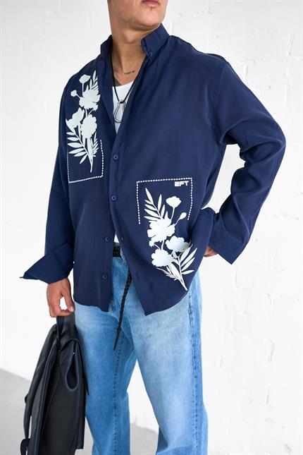 Erkek Dokulu Baskılı Oversize Rahat Gömlek Lacivert