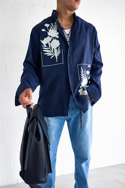 Erkek Dokulu Baskılı Oversize Rahat Gömlek Lacivert