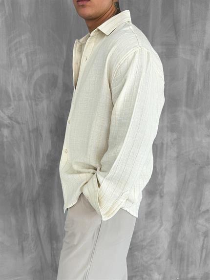 Erkek Dokulu Çizgili Oversize Gömlek Bej