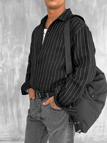Erkek Dokulu Çizgili Oversize Gömlek Siyah