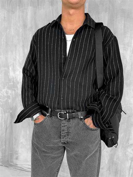 Erkek Dokulu Çizgili Oversize Gömlek Siyah
