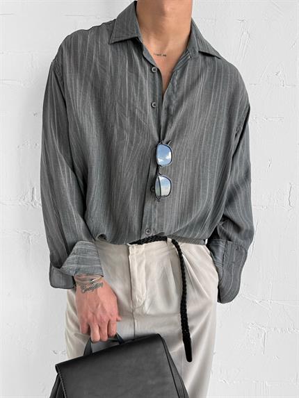 Erkek Dokulu Desenli Çizgili Oversize Gömlek Siyah