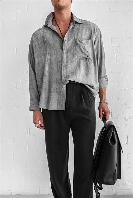 Erkek Dokulu Desenli Oversize Rahat Gömlek Gri