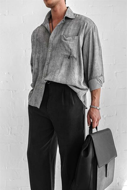 Erkek Dokulu Desenli Oversize Rahat Gömlek Gri