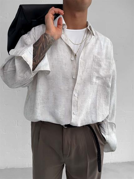 Erkek Dokulu Desenli Oversize Rahat Gömlek Ekru