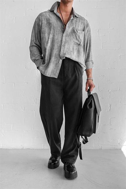 Erkek Dokulu Desenli Oversize Rahat Gömlek Gri