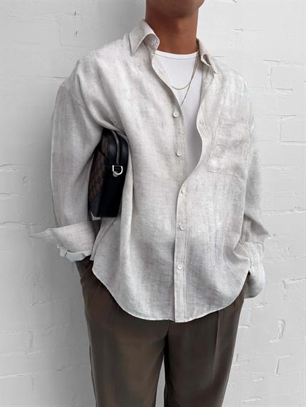 Erkek Dokulu Desenli Oversize Rahat Gömlek Ekru