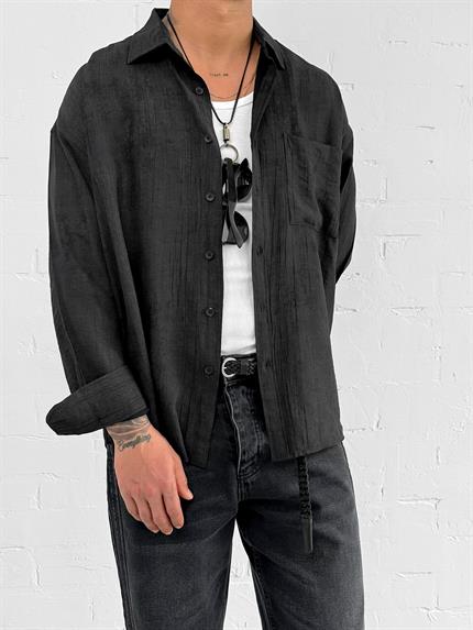 Erkek Dokulu Desenli Oversize Rahat Gömlek Siyah