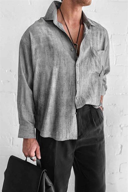 Erkek Dokulu Desenli Oversize Rahat Gömlek Gri