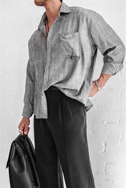 Erkek Dokulu Desenli Oversize Rahat Gömlek Gri