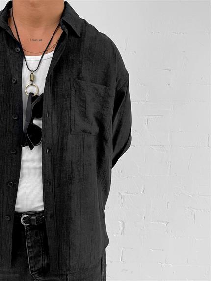 Erkek Dokulu Desenli Oversize Rahat Gömlek Siyah