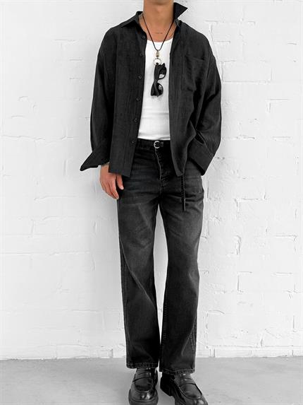 Erkek Dokulu Desenli Oversize Rahat Gömlek Siyah