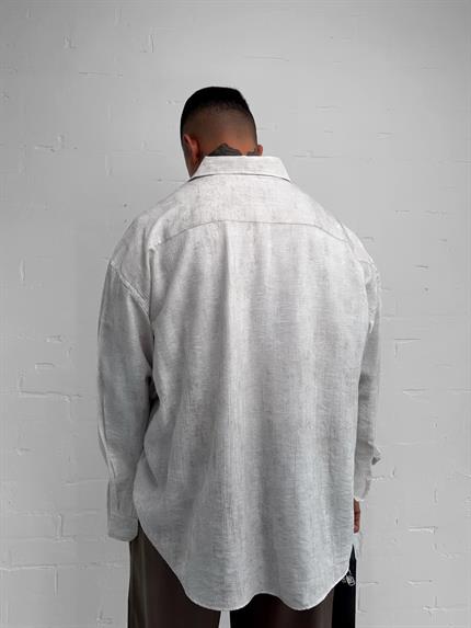 Erkek Dokulu Desenli Oversize Rahat Gömlek Ekru