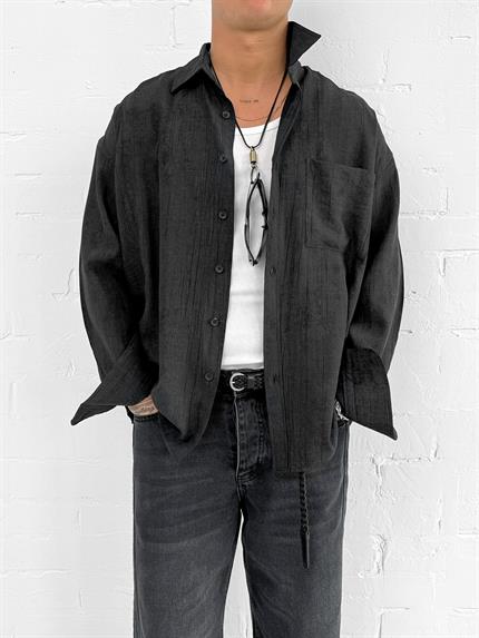 Erkek Dokulu Desenli Oversize Rahat Gömlek Siyah