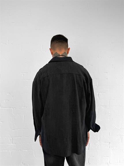 Erkek Dokulu Desenli Oversize Rahat Gömlek Siyah