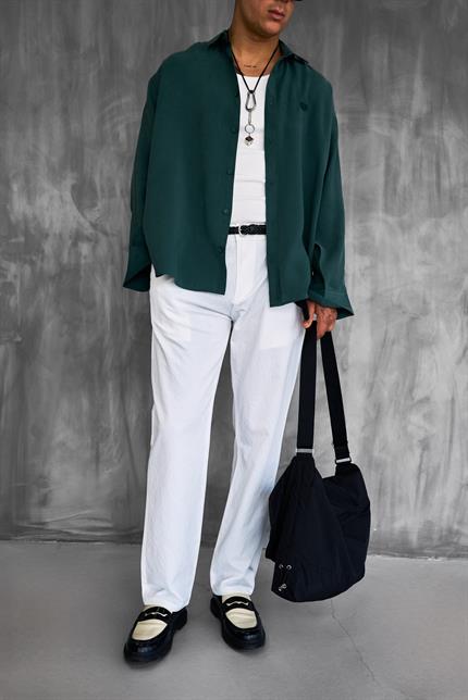 Erkek Dokulu İnce Kumaş Regular Fit Pantolon Beyaz