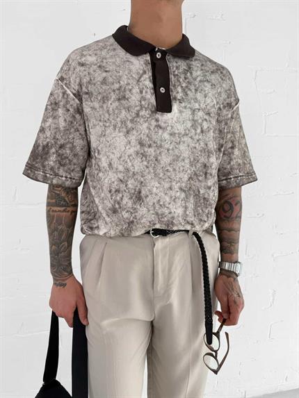 Erkek Düğmeli Polo Yaka Desenli Oversize Triko T-Shirt Kahverengi