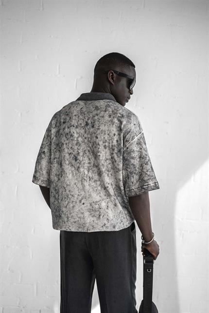 Erkek Düğmeli Polo Yaka Desenli Oversize Triko T-Shirt Siyah