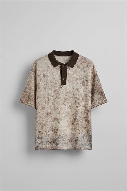 Erkek Düğmeli Polo Yaka Desenli Oversize Triko T-Shirt Kahverengi