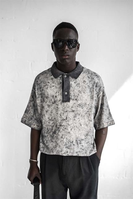 Erkek Düğmeli Polo Yaka Desenli Oversize Triko T-Shirt Siyah