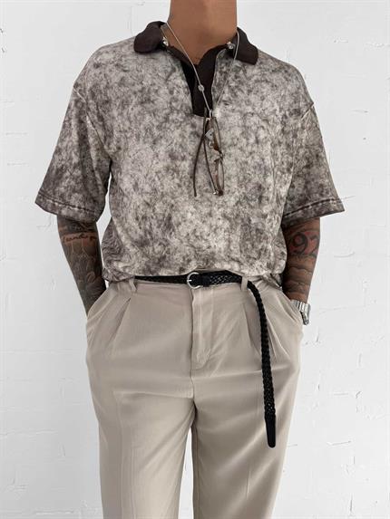 Erkek Düğmeli Polo Yaka Desenli Oversize Triko T-Shirt Kahverengi