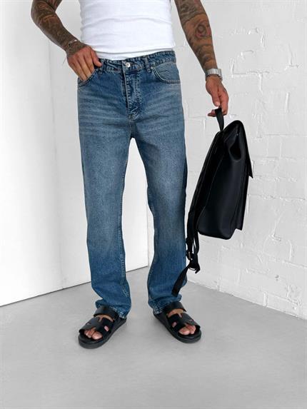 Erkek Efektli Yıkamalı Baggy Fit Jean Koyu Mavi