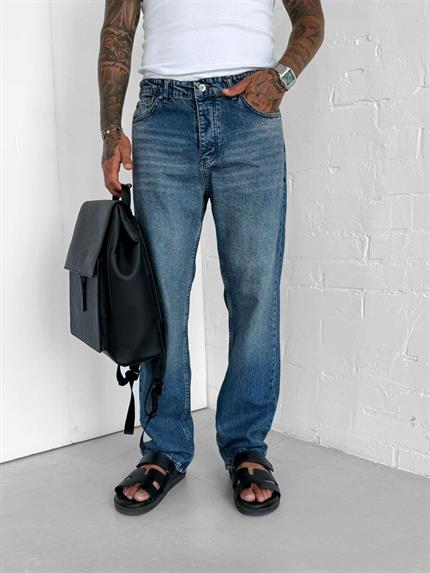 Erkek Efektli Yıkamalı Baggy Fit Jean Koyu Mavi