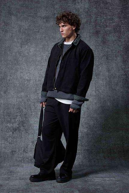 Erkek Ekose Detaylı Yıkamalı Relax Fit Ceket Siyah