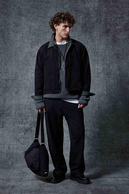 Erkek Ekose Detaylı Yıkamalı Relax Fit Ceket Siyah