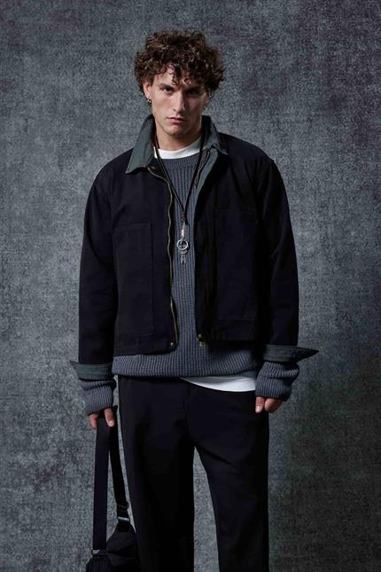 Erkek Ekose Detaylı Yıkamalı Relax Fit Ceket Siyah