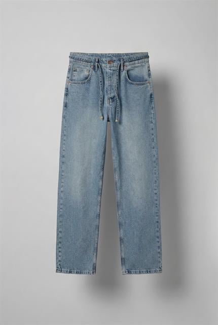 Erkek Erkek Baggy Fit Beli Bağcıklı Jean Pantolon Mavi