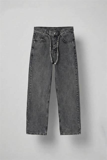 Erkek Erkek Baggy Fit Beli Bağcıklı Jean Pantolon Gri