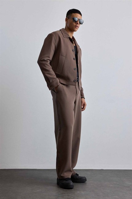 Erkek Premium Relaxed Fit Ceket Pantolon Takımı Açık Kahve