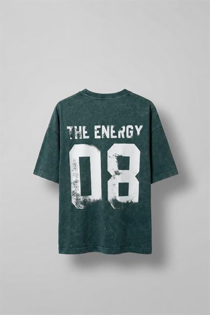 Erkek Eskitme Efektli Yıkamalı Baskılı Oversize T-Shirt Yeşil