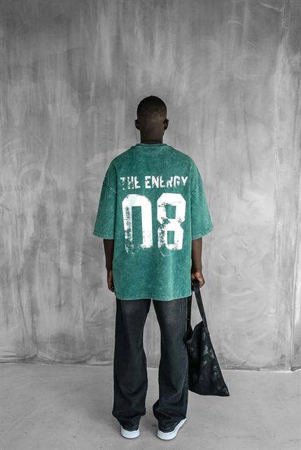Erkek Eskitme Efektli Yıkamalı Baskılı Oversize T-Shirt Yeşil