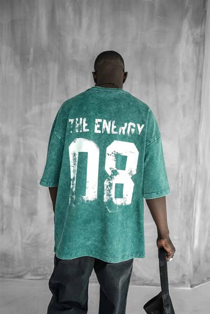 Erkek Eskitme Efektli Yıkamalı Baskılı Oversize T-Shirt Yeşil