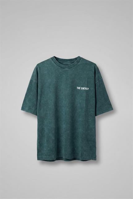 Erkek Eskitme Efektli Yıkamalı Baskılı Oversize T-Shirt Yeşil