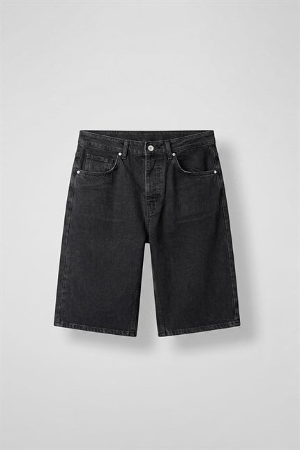 Erkek Eskitme Yıkamalı Baggy Jean Şort Siyah