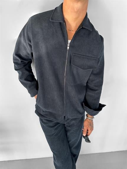 Erkek Fermuar Kapamalı Uzun Kollu Cepli Kadife Ceket Lacivert