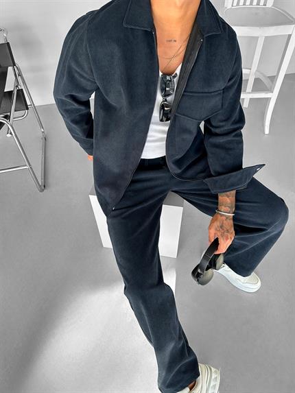 Erkek Fermuar Kapamalı Uzun Kollu Cepli Kadife Ceket Lacivert