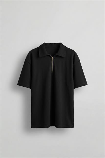 Erkek Fermuarlı Polo Yaka T-Shirt Siyah