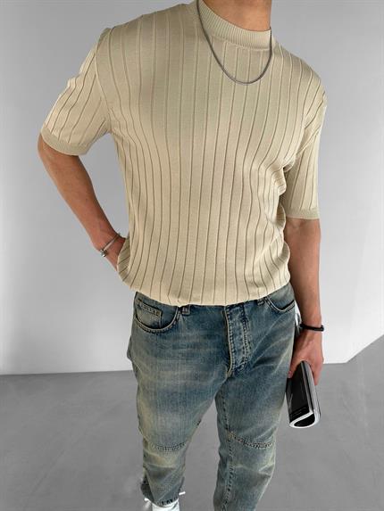 Erkek Fitilli Kısa Kol Triko T-Shirt Koyu Bej