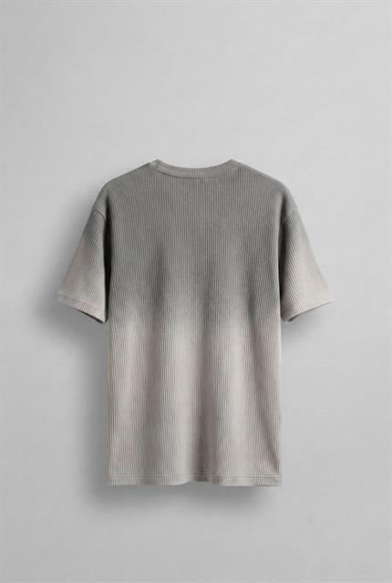 Erkek Fitilli Yıkamalı Renk Geçişli Oversize T-Shirt Gri Siyah