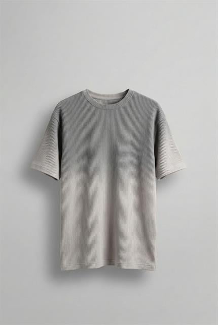 Erkek Fitilli Yıkamalı Renk Geçişli Oversize T-Shirt Gri Siyah