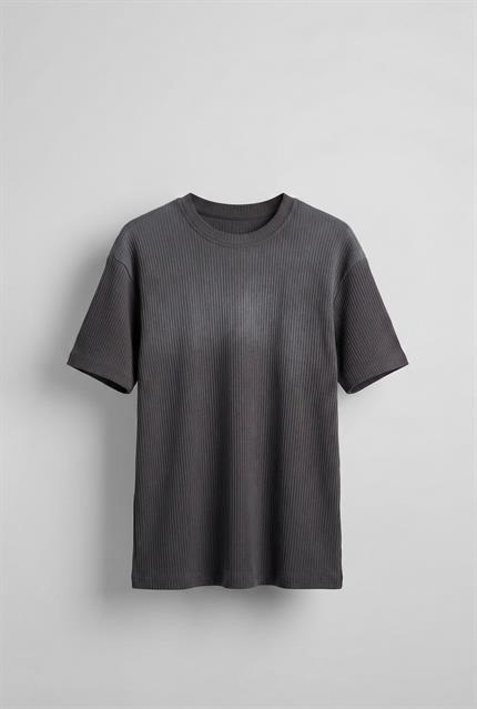 Erkek Fitilli Yıkamalı Renk Geçişli Oversize T-Shirt Antrasit Beyaz