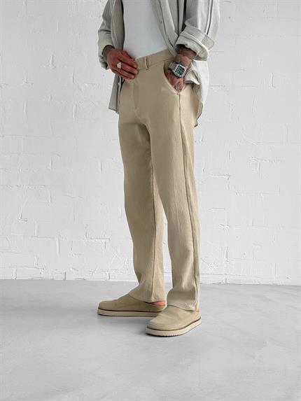 Erkek Gofre Kumaş Regular Fit Pantolon Bej