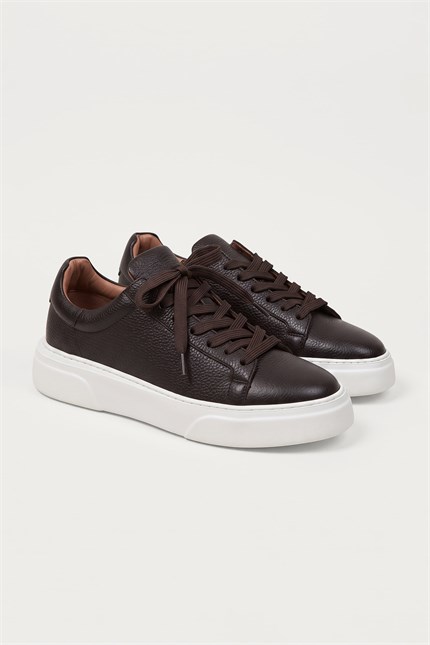 Erkek Hakiki Deri Kalın Taban Sneaker Ayakkabı Kahverengi