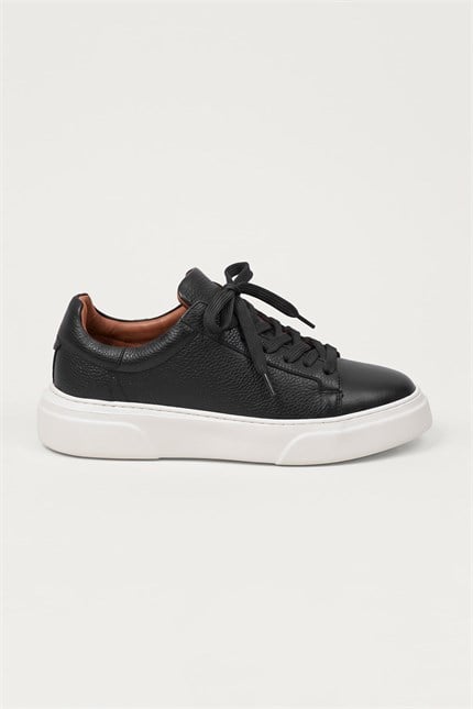 Erkek Hakiki Deri Kalın Taban Sneaker Ayakkabı Siyah/Beyaz