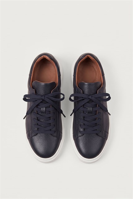 Erkek Hakiki Deri Kalın Taban Sneaker Ayakkabı Lacivert